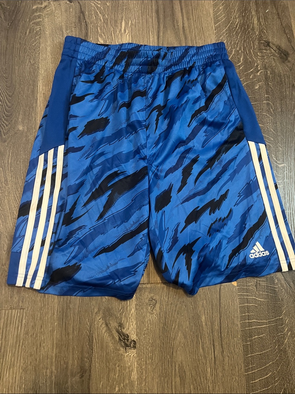 adidas XL (18-20) Blue and Black Graphic Training Shorts with White Stripes